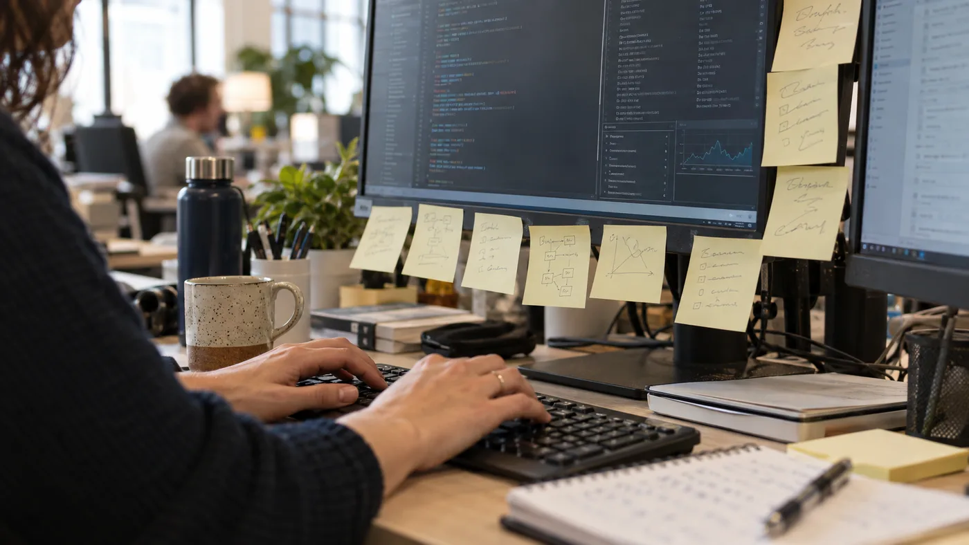 Sticky notes documenting a process around an operations monitor.