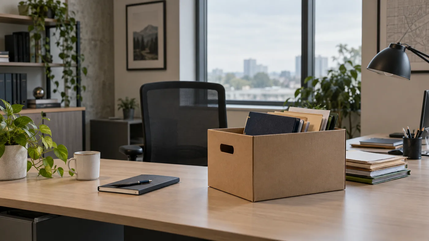 An empty office desk with a box of files prepared for a handover.