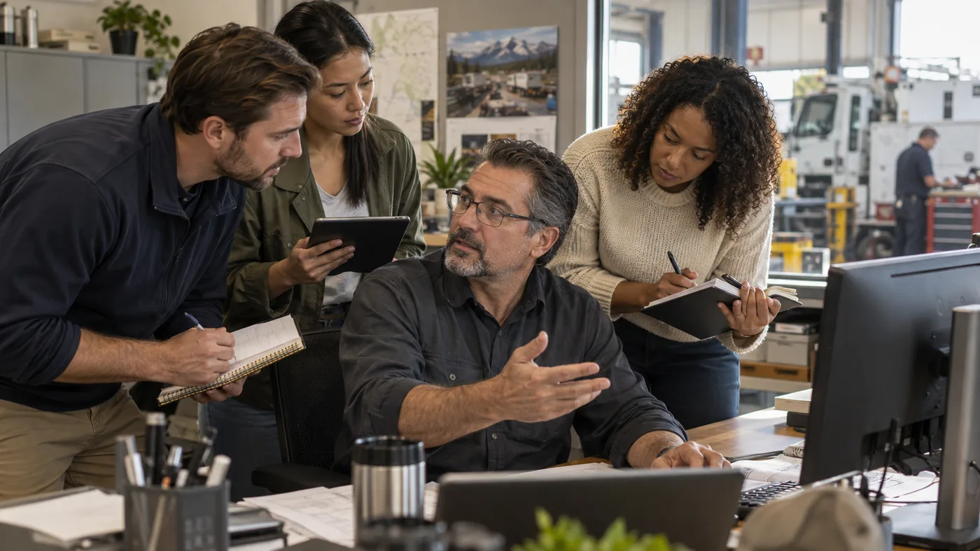 Colleagues gather around a technical expert to ask questions.