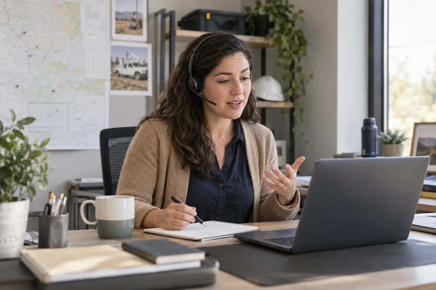 An operations employee takes part in a voice interview at her desk.